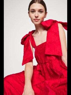 new SISTER JANE red jacquard bow tiered maxi dress L large